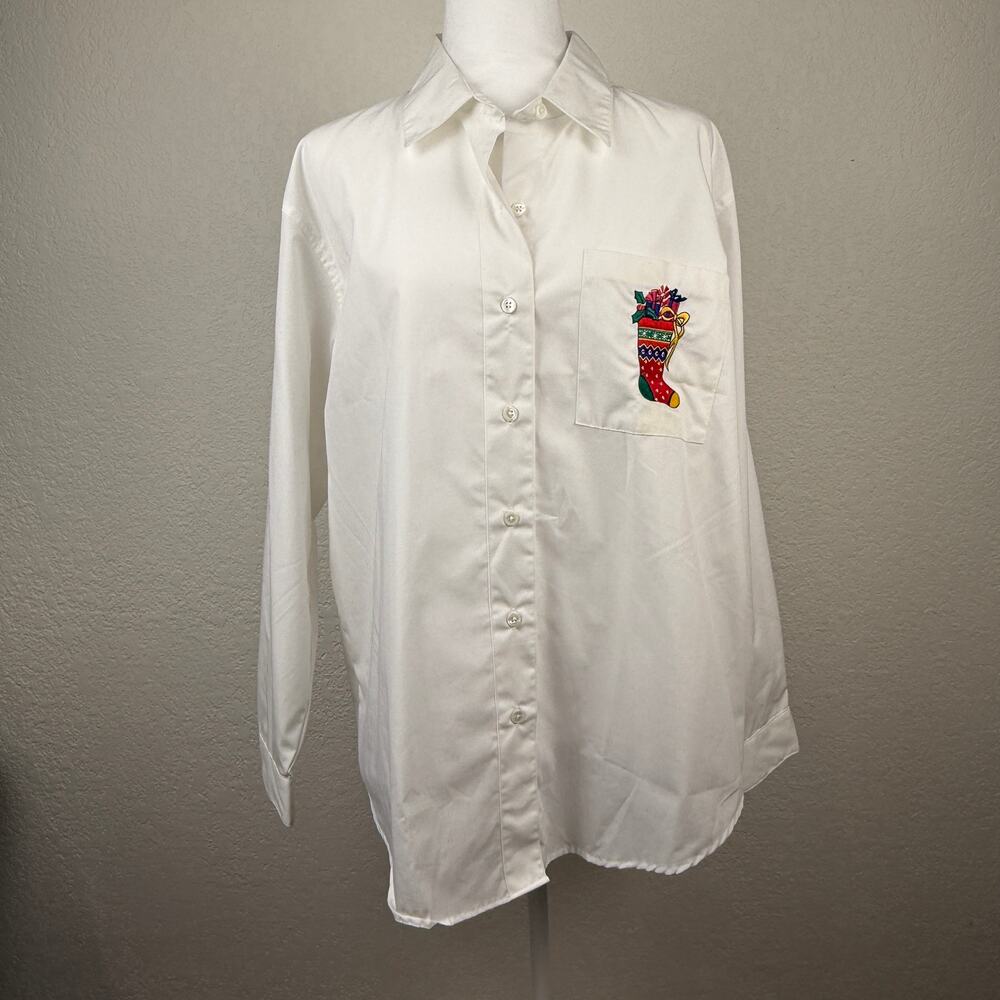 Talbots Christmas Stocking Embroidered Button Down Shirt Womens Large New w Tags